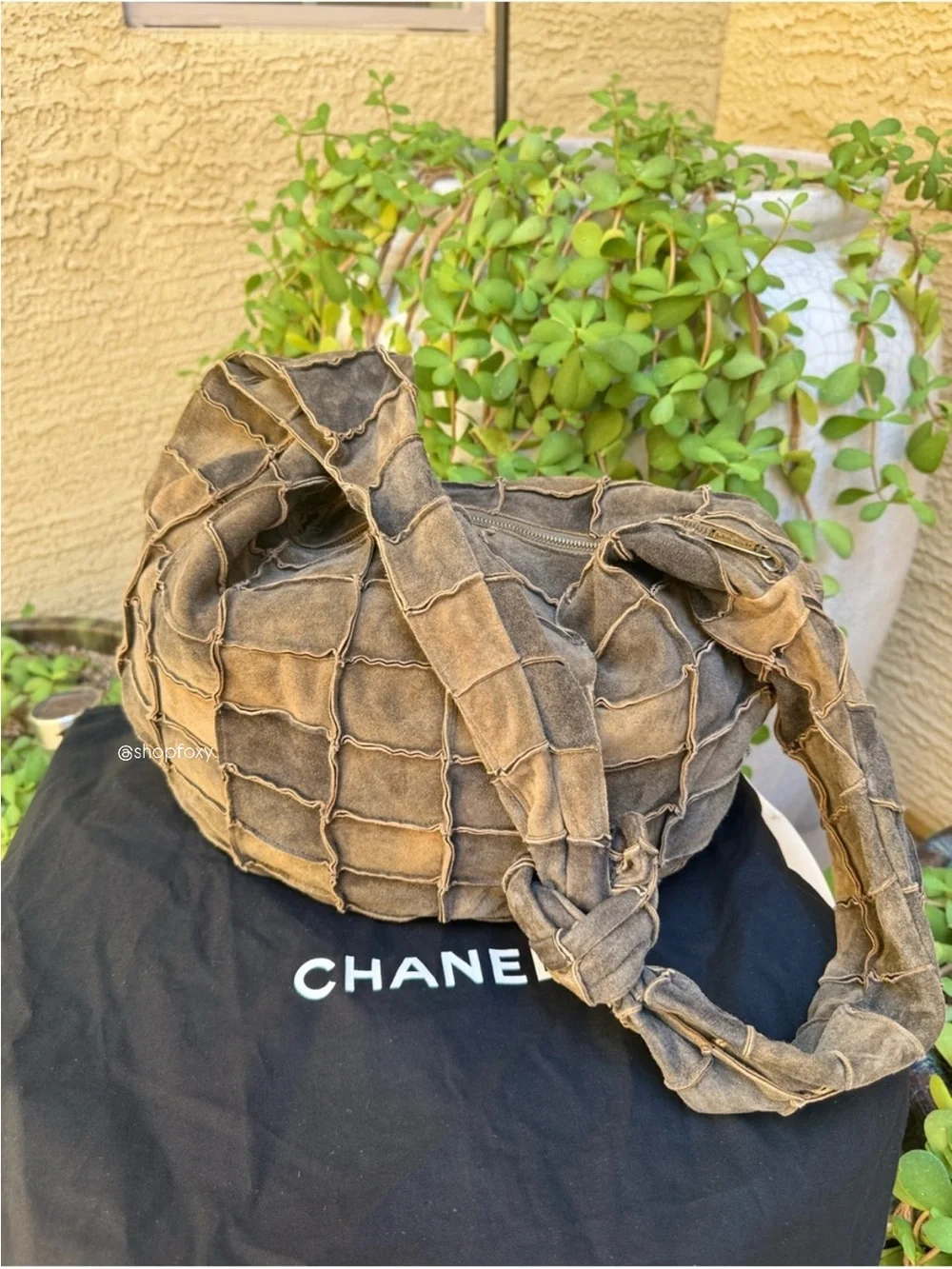 CHANEL Brown Patchwork Suede Shoulder Bag